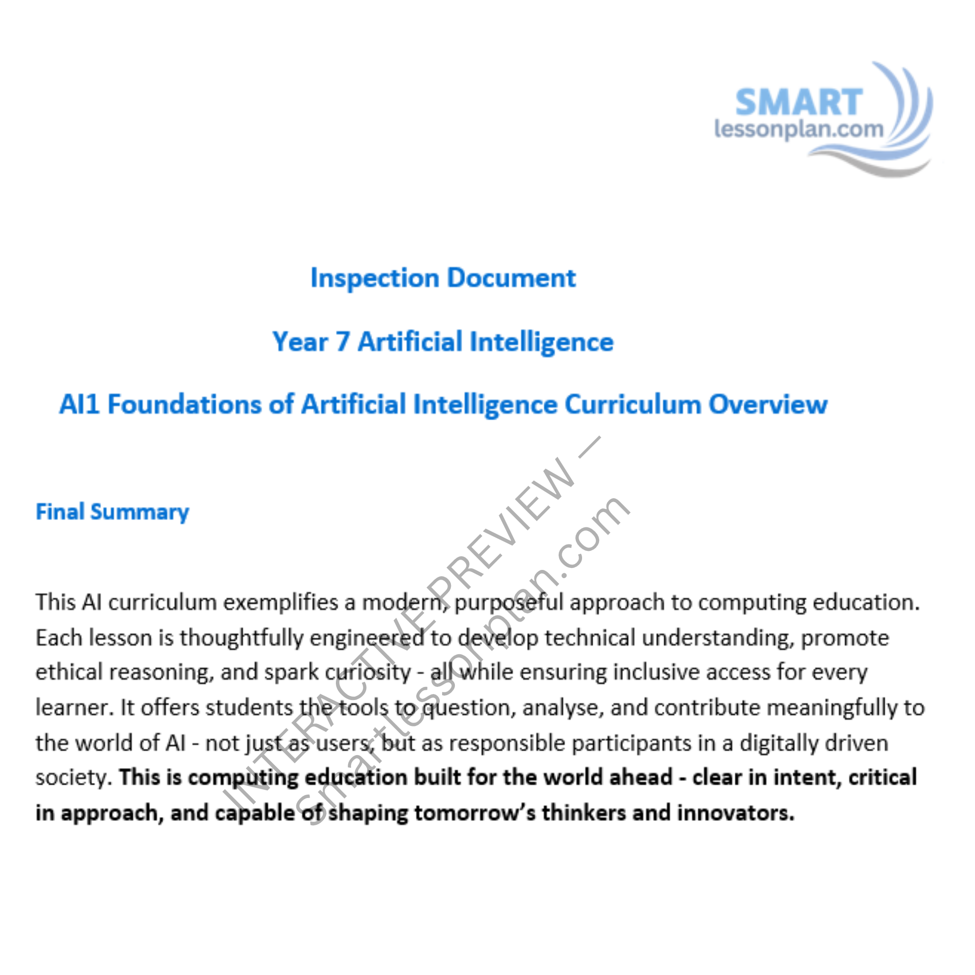 AI1 Scheme of work: Foundations of Artificial Intelligence. Year 7 (6 lessons)