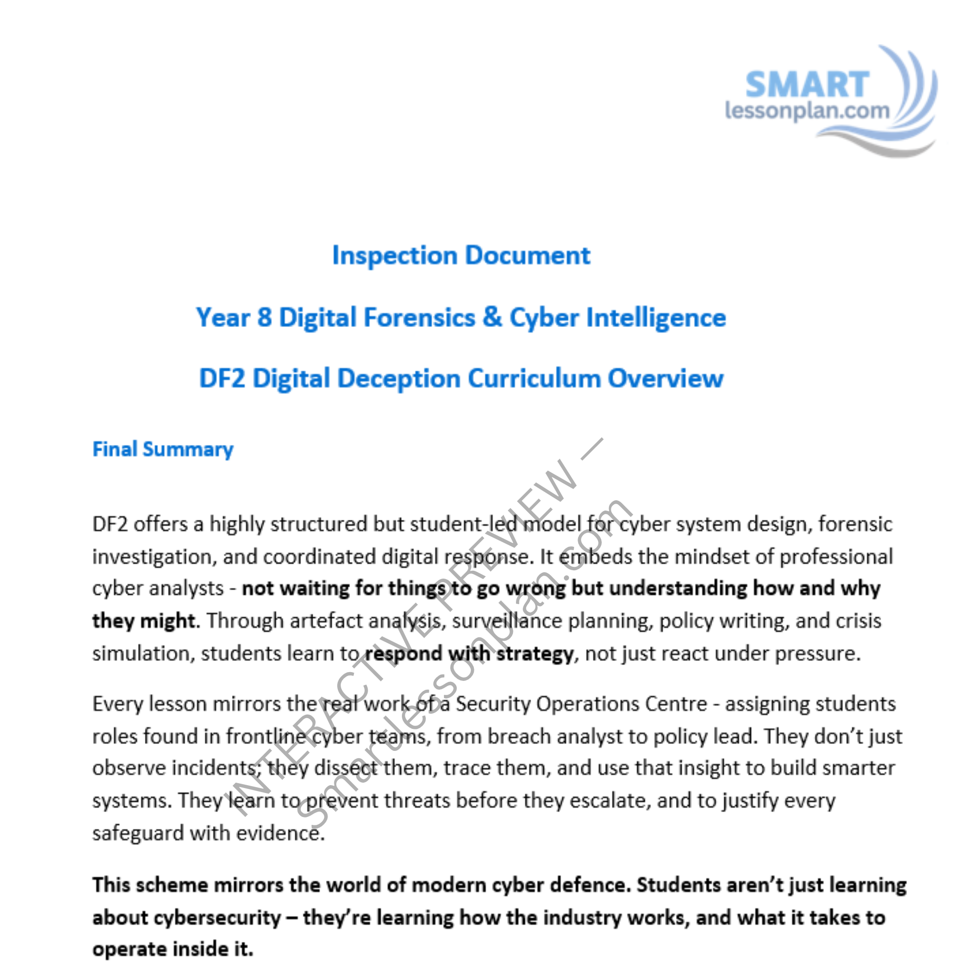 DF2 Scheme of work: Digital Forensics & Cyber Intelligence - Digital Deception. Year 8 (6 Lessons)