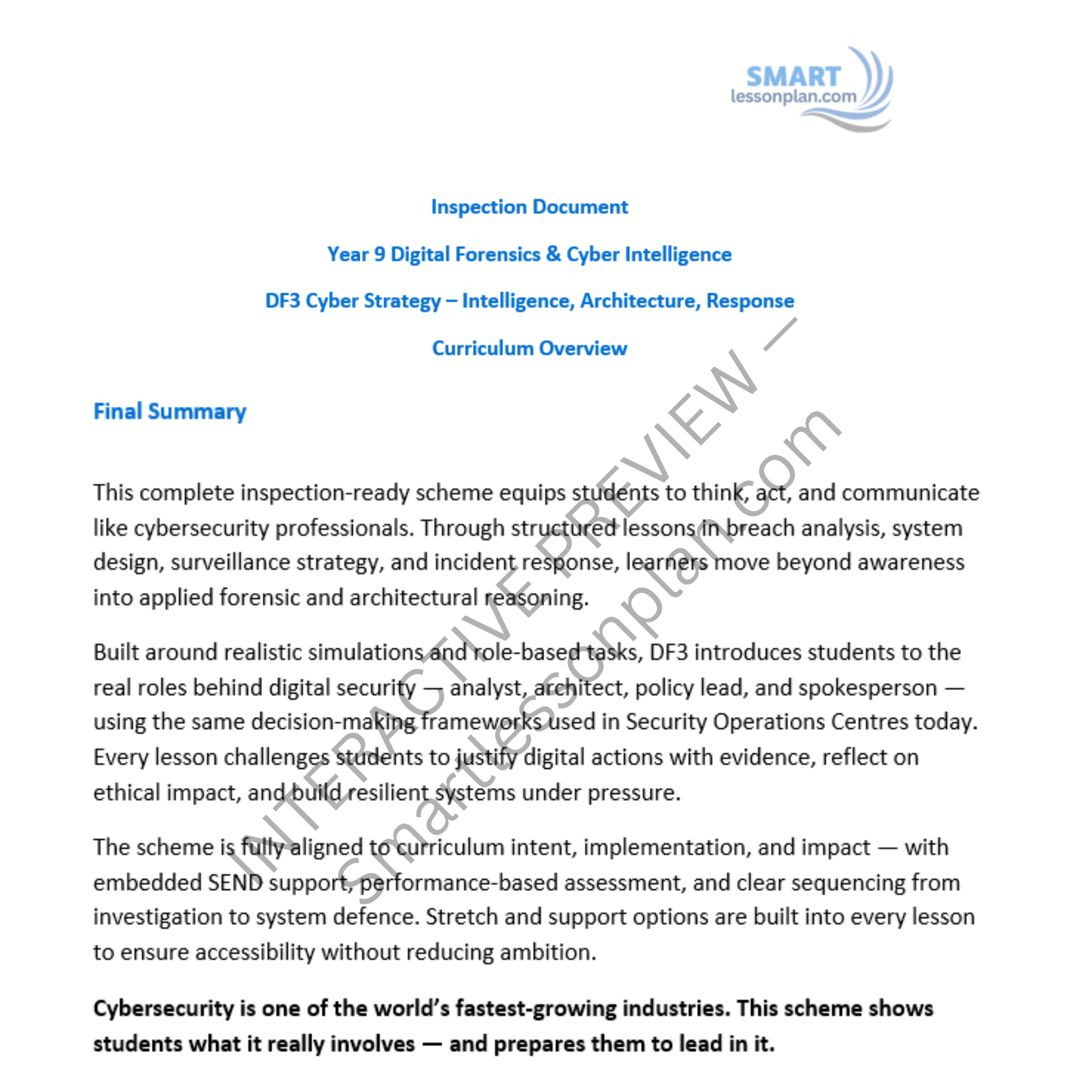 DF3 Scheme of work: Cyber Strategy Intelligence, Architecture, Response.Year 9 (6 Lessons)