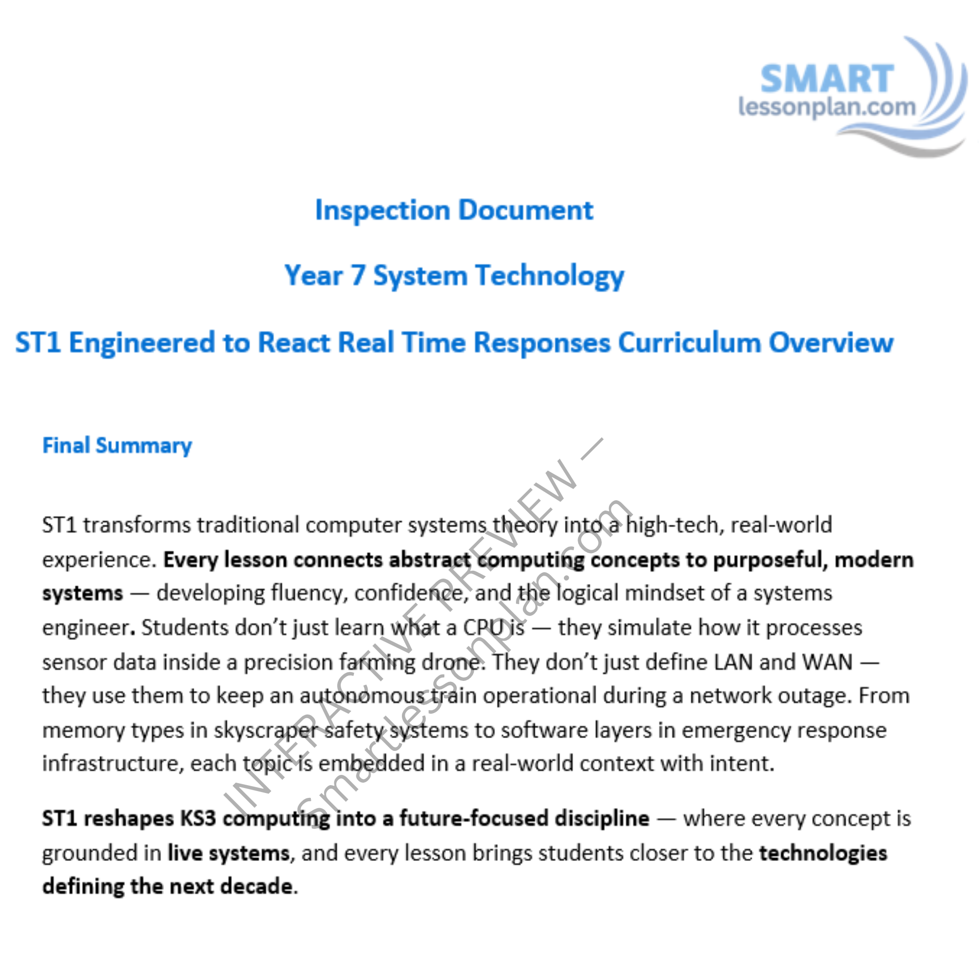ST1 Scheme of work: Engineered to React Real Time Responses. Year 7 (6 Lessons)